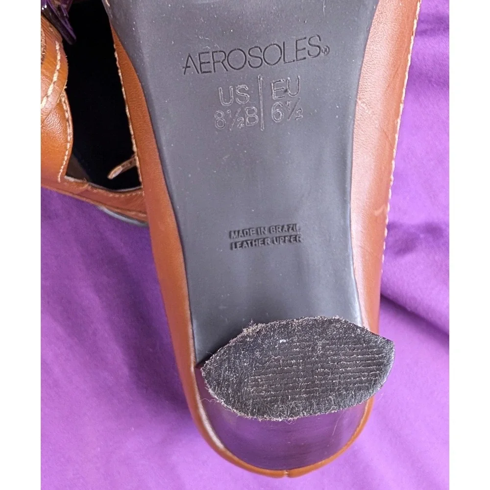 Vintage Aerosoles Leather Peep Toe Pump Heels Mustard Brown Buckle Brazilian 8.5